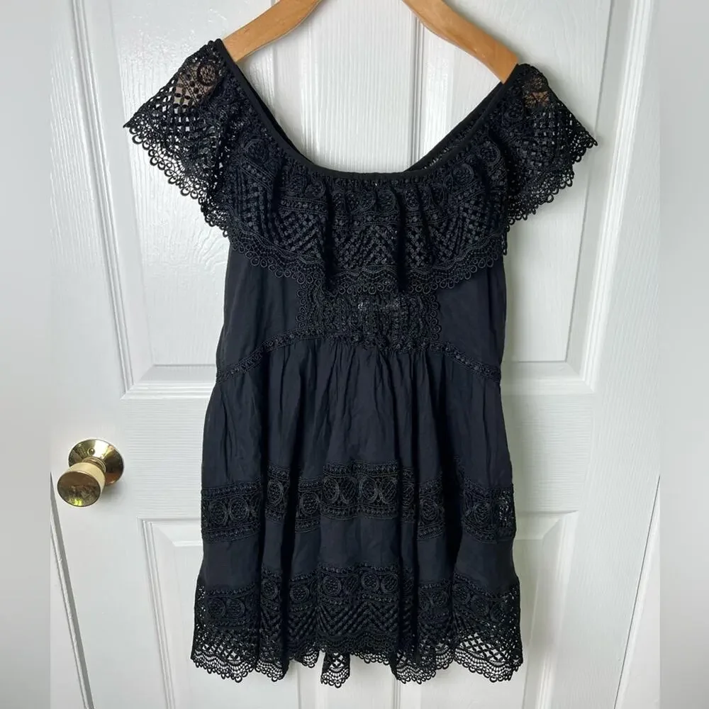 Charo Ruiz Ibiza Black Off Shoulder Lace Layered Asymmetric Vaiana Dress L - Picture 9 of 12